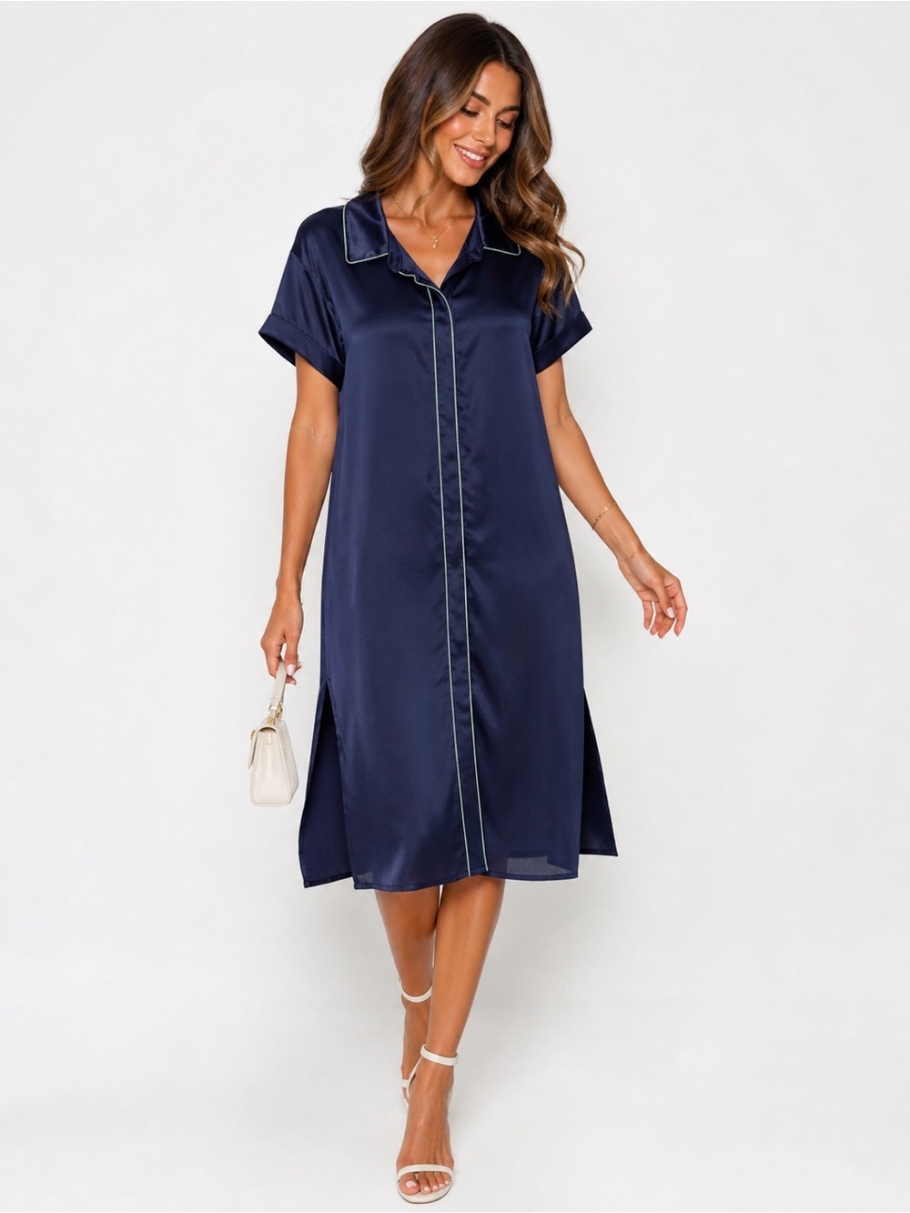 NWT Wildfang Blue The Empower Satin Midi Shirt Dress With Green Trim SZ L